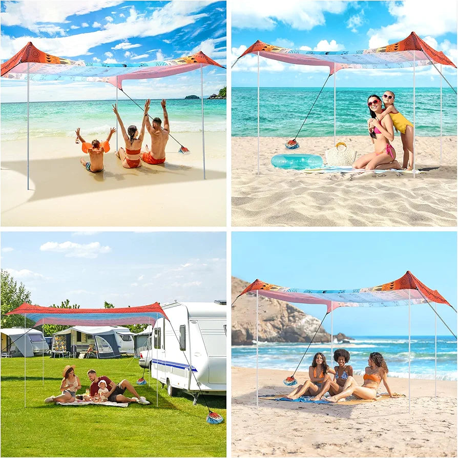 Beach Tent, Beach Canopy Sun Shade UPF 50+, Portable 10×10 FT Camping Sun Shelter with Sandbags, Poles, Ground Pegs and Anti-Wind Ropes for Outdoor, Backyard, Picnics, Sport, Fishing