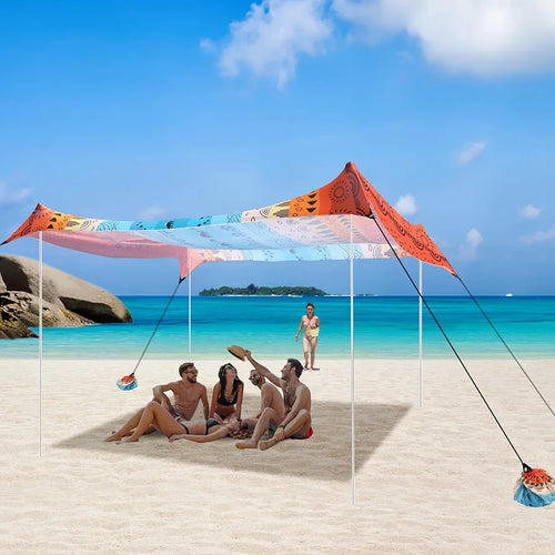 Beach Tent, Beach Canopy Sun Shade UPF 50+, Portable 10×10 FT Camping Sun Shelter with Sandbags, Poles, Ground Pegs and Anti-Wind Ropes for Outdoor, Backyard, Picnics, Sport, Fishing