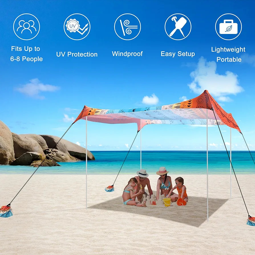 Beach Tent, Beach Canopy Sun Shade UPF 50+, Portable 10×10 FT Camping Sun Shelter with Sandbags, Poles, Ground Pegs and Anti-Wind Ropes for Outdoor, Backyard, Picnics, Sport, Fishing
