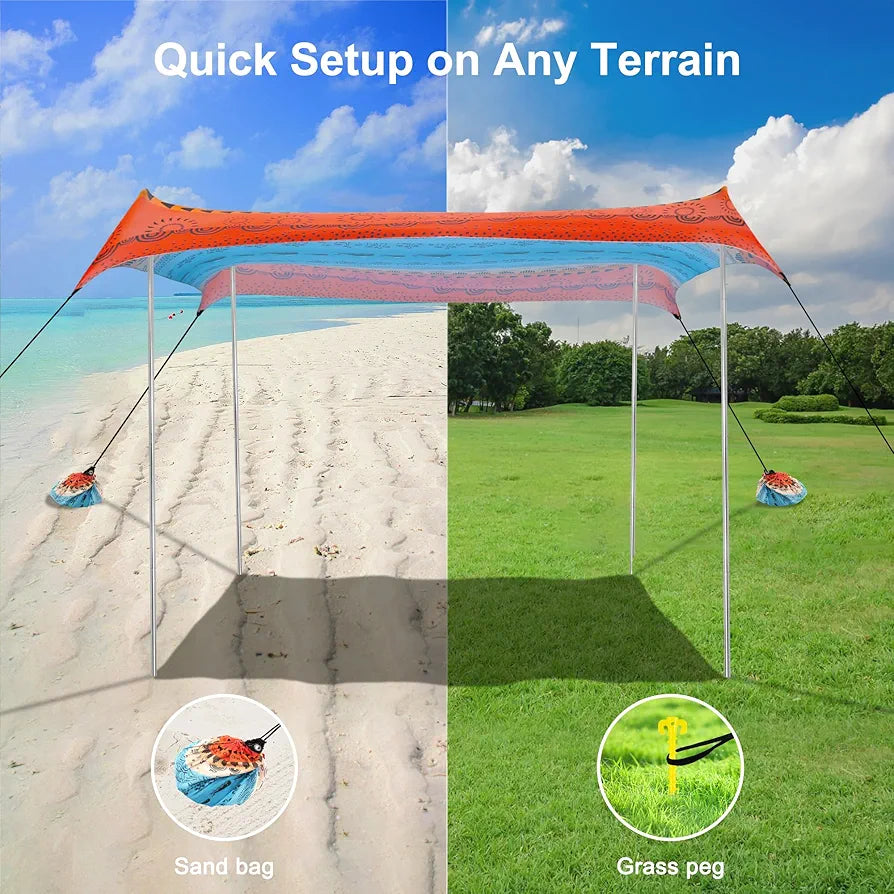 Beach Tent, Beach Canopy Sun Shade UPF 50+, Portable 10×10 FT Camping Sun Shelter with Sandbags, Poles, Ground Pegs and Anti-Wind Ropes for Outdoor, Backyard, Picnics, Sport, Fishing